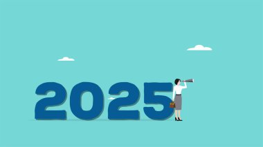 Yeni yıl iş fırsatı, 2025 'teki yeni plan veya iş stratejisi, mutlu yeni yıl 2025, 2025' teki iş fırsatı, bir sonraki iş fırsatını veya stratejisini görmek için dürbünü kullanan iş kadını