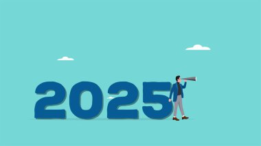 2025 'te iş fırsatı, bir sonraki iş fırsatı veya stratejiyi görmek için dürbünü kullanan işadamı, yeni yıl iş fırsatı, 2025' te yeni plan veya iş stratejisi, 2025 'te mutlu yıllar.