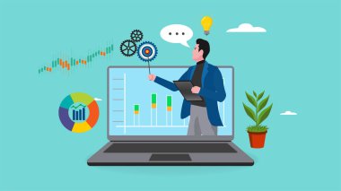 Çevrimiçi webinar sunumu, çevrimiçi seminerler veya iş stratejisini tartışan toplantılar, iş konferansı, veri analizi veya finans uzmanlığı, veri açıklayan dizüstü bilgisayardaki iş adamı