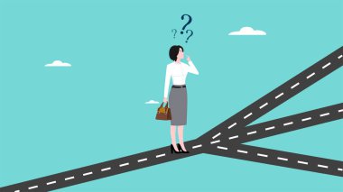 Kariyer yolunda kafası karışmış bir iş kadını, kariyer yolunda karar vermek, konsepti seçmek, kariyer yolunda yol ayrımında duran kafası karışmış bir iş kadını.