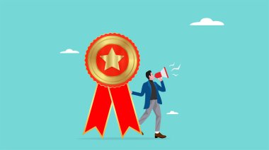 Ayın çalışanı ödüllü duyuru, iyi performansı için ödül ya da takdir, ofiste yüksek performans şampiyonu, iş adamı megafonla ayın kazananını açıkladı