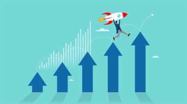 Solopreneur ya da bağımsız iş adamı, bağımsız iş adamı konsepti, işlerini geliştirmek için yalnız çalışan işletme sahipleri, iş adamı şirket roketini ticari büyüme grafiğinin üzerinde tek başına fırlatıyor