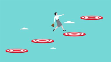 Hedefin kilometre taşına ulaşmak, iş hedefi başarısı, kariyer geliştirme hedefi, iş başarısı elde etmek için büyüyen yolculuk, iş kadını hedef tahtasından merdiveni tırman