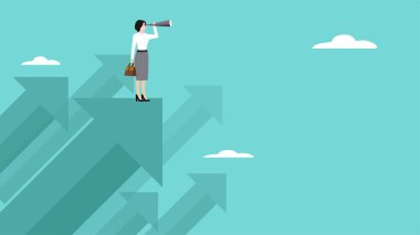 İş yönünü, başarı stratejisini veya iş hedefini, iş fırsatlarını görmek için vizyon, iş kadını mali büyüme grafiği üzerinde duran bir sonraki iş stratejisini görmek için bir teleskop kullanıyor