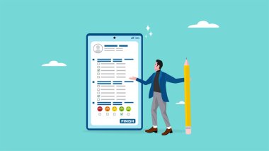 Çevrimiçi anket anketi, yorumlar veya eleştiriler ve öneriler, soruları çevrimiçi cevaplamak, değerlendirmek için müşteri geri bildirim listesi, akıllı telefon anketi kalem bitiren adam