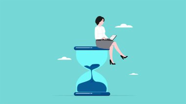 zaman yönetimi ya da son teslim tarihi yönetimi, büyük bir kum saatinin üzerinde oturan iş kadını dizüstü bilgisayarla çalışırken, verimlilik çoklu görev vektör yönetimi, son teslim tarihi