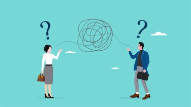 İletişim sorunu ya da çatışma fikri, yanlış anlama ya da kafa karışıklığı, fikir ayrılığı ya da iletişim eksikliği, karmaşık çizgilerle iletişim kuran iki iş ortağı