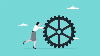 Takım organizasyonu ya da iş liderlik becerisi, iş konseptinde itici güç, girişimcilik illüstrasyonu, liderlik, iş kadınlarının iş sistemini geliştirmek için dişlileri zorlaması