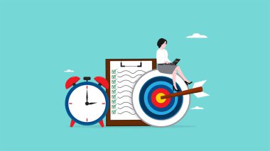 Ticari hedefleme planı, prosedürü veya iş hayatında başarıya ulaşmak için program, zaman yönetimi ile iş stratejisi, proje yönetimi, iş kadını saat ile iş hedefi planı üzerinde çalışır