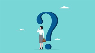 karar verme süreci ya da konsept seçimi, kafası karışmış iş kadını, iş kadını büyük soru işareti konsept vektör ilülasyonu ile düşünüyor