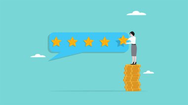 5 yıldızlı puanlar, iş kadını 5 yıldızlı puanlar veriyor, iş adamları 5 yıldızlı puanları düz gösteriyor, müşteri değerlendirme yıldızları konsepti tutuyor