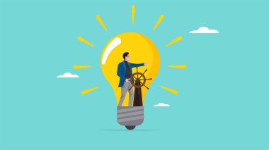 Şirketin başarısını yönetmek için işletme liderliği ile yaratıcı fikir, iş yönünü, zekayı veya bilgeliği yönetmek için deha, geminin dümenindeki işadamı ampul fikrinin yönünü tarif ediyor.