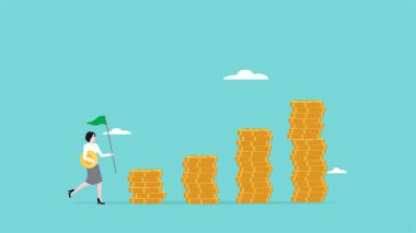 karlı iş büyümesi, artan hisse değeri, iyi yatırım yönetimi, iş kadını yatırımcı para getiriyor ve başarının zirvesine ulaşmak için para grafiğini işaretliyor