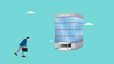 Tembel bir çalışan ofise geliyor, tembel bir ofis çalışanı ofise doğru tembelce yürüyor, düşük performanslı bir çalışan iş yerinde çalışıyor.