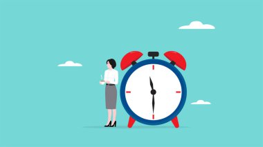 İş kadını kavramına ara verme zamanı kahve içerken dinlenmek ve büyük bir saate yaslanmak, dinlenmek ve uzun stres konseptinden kurtulmak için kahve molası vermek.