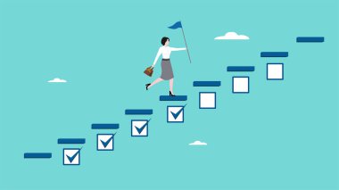 Ticari hedeflere doğru bir strateji planı konseptiyle iş ilerlemesi. Yolculuk görevi, aksiyon kariyeri çizimi. İş kadını elinde bayrakla başarı merdivenlerinden yukarı koşuyor.