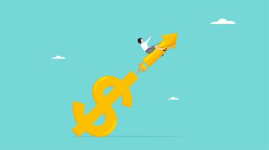 Hızlı ekonomik büyüme kavramı, iş kadınının dolar sembolü düz vektör illüstrasyonundan rokete binmesi. Satışları arttırıyorum. Finansal kar artışı. ok sembolü ile yatırıma dönüş