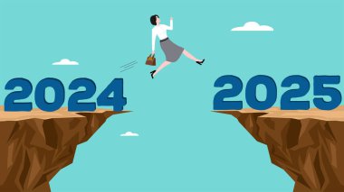 Mutlu yıllar 2025, iş fırsatı 2025, yeni yılda başarı için yeni strateji 2025, iş hedefi 2025, iş kadını 2024 'ten 2025 vektör ilüstrasyonuna atlama