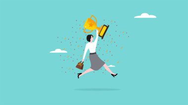 kariyer başarısı konsepti, iş başarısını kutlayın, ödül ya da kupa illüstrasyonunu kazanın, ayın çalışanı, kupa tutan iş kadını iş hedefine ya da başarısına ulaşın