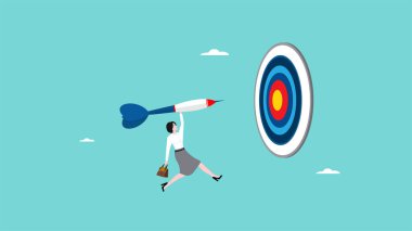 Bir dart tahtası konseptine dart atan iş kadını vektör illüstrasyonu, iş hedefi veya hedef kavramı, iş başarısı illüstrasyonu, iş stratejisi illüstrasyonunda azim