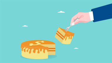 Vergi ödeme yükümlülükleri, vergi memurunun eli bir dolar logosuyla bir parça ekmek alıyor.