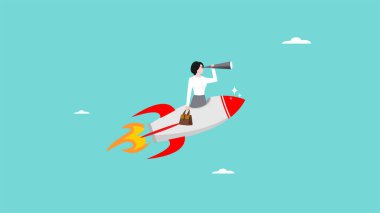 İş yönünü, başarı stratejisini veya iş hedefini görme vizyonu, bir sonraki iş stratejisini görmek için rokete binerken teleskop kullanan iş kurma fırsatı iş kadını