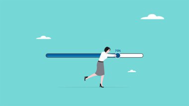 Ticari ilerleme yüzdesi, başarı süreci, başarı süreci, ilerleme vektörü illüstrasyonunda bar başarı sürecini yükleyen iş kadını