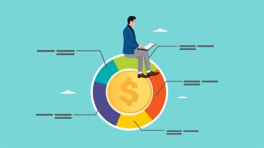 Yatırım pasta grafiği varlık tahsisi, çeşitlendirme için para tahsisi, bütçe yüzde dağılımı, mali pasta grafiği ile altın sikkelerin üzerinde oturan işadamı, bütçe tahsis ederken