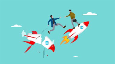 İş ortağı güveni, iş ortaklığına güven, iş adamı illüstrasyon düşmek üzere olan bir roketten iş arkadaşına yardım ediyor.