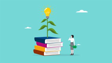 Yaratıcılık yaratmak için bilgi. Yetenek kazanmak için kitap okumaktan eğitim aldım. Başarmak için bilgi. Ampul bitkileriyle kaplı kitap yığınıyla genç iş kadını konsept çizimi