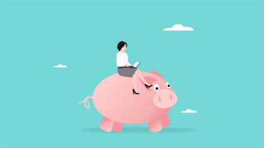 Emekliliğe hazırlanmak için çalışmak, yaşlılık hazırlığı, iş kadını, işadamı domuz kumbarasında çalışmak yatırımı tanımlamak için dizüstü bilgisayar kullanmak.