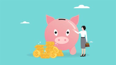 Yatırım yönetimi, Yatırım fonu veya büyüyen yatırım, zenginlik karı büyümesi, tasarruf veya zenginlik yönetimi, yatırım belgesini elinde tutan iş kadını domuz bankası ve altın para illüstrasyonu