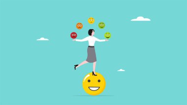 duygu konseptini kontrol etmek, psikoloji başarı ya da anksiyete dengesi ve mutluluk konsepti, neşeli iş kadını dengesi gülen yüz jonglörlüğü ifadesi duygusal yüz çizimi