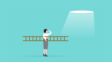 İş hayatında başarı, yatırım veya zenginlik yönetimi elde etmek için yeni bir hedefe ulaşma stratejisi. İş kadını, özgürlüğe giden vadiden çıkmak için merdiveni kullanıyor.