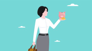 Tasarruf, yatırım veya zenginlik yönetimi, Yatırım fonu veya büyüyen yatırım, zenginlik kar büyümesi, iş kadını domuzcuk bankasını ve altın sikke konsepti illüstrasyonunu gösteriyor