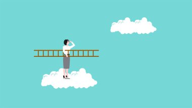 iş tanıtımı, kariyer ilerlemesi için başarı, iş hayatında ilerleme hedeflerine doğru adım, iş kadını düz bir merdiven konsepti çizimi kullanarak bulutlara tırmanıyor