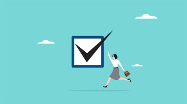 seyahat görevi hedef kariyer illüstrasyonu, iş kadını masa konsept vektör ilülasyonu kutusunu işaretleyerek iş listesini tamamladı