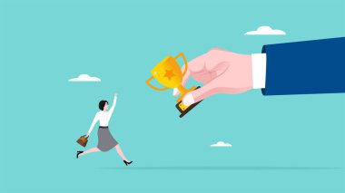 Ofis çalışanı iş adamı el vektörü illüstrasyonu, iş başarısı, kariyer başarısı konsepti, iş başarısını, iş illüstrasyonunda ödül veya kupa kazanmasını kutlar