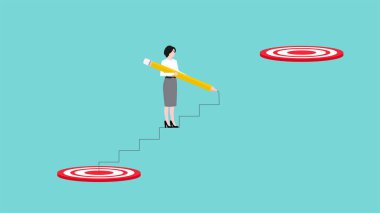 Ticari ilerleme, başarılı ve büyüyen bir iş kurma stratejileri, iş hedefi veya gelecekteki başarı, iş kadını hedef tahtası ile ticari hedefe ulaşmak için merdiven çekmek için kurşun kalem kullanıyor