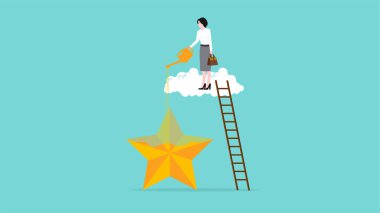 Başarılı olma hırsı veya motivasyonu, hırsı ve gayreti geliştirme, geliştirme ve en iyi performansı geliştirme çabası, hırslı iş kadını başarıyı altın yıldızlı fiyat benzetmesini doldurdu