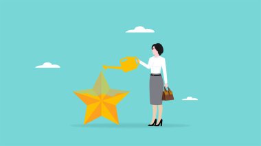 Başarılı ve en iyi performans, hırslı iş kadını başarıyı altın yıldız fiyat metaforuyla doldurdu