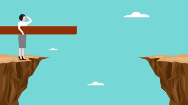 Uçurumu geçmek için uzun tahta bir tahta, problem çözme becerileri, karmaşık çözümü, süreci veya prosedürü kullanarak iş kadınlarıyla ilgili yaratıcı problem çözme illüstrasyonları