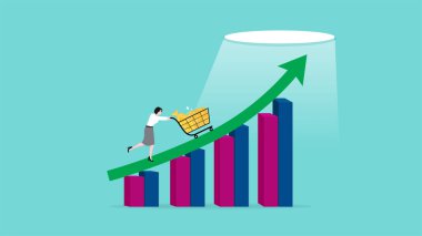 Reklam pazarlama büyümesi, kâr performansı, iş büyümesi kariyer başarısı ve finansal özgürlük için bir sürü gelir, iş kadını içinde altın bulunan bir alışveriş arabasını itiyor