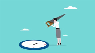 zaman yönetimi, verimlilik çoklu görev vektör zaman yönetimi, iş kadını testere konsept vektör çizimi kullanarak duvar saatini birkaç parçaya ayırmaya hazırlanıyor