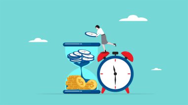 Paranın değeri, para kazanmak için yapılan uzun yatırım, iş adamı ya da yatırımcılar saati kum saatine koyunca para vektörü illüstrasyonuna dönüşüyor.