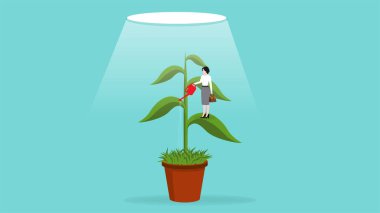 Kariyer başarısı ve finansal özgürlük için bilgi veya yaratıcılık, strateji veya ticari başarı elde etmek için prosedür, fabrikaları sulayan iş kadını onu başarıya götürür.