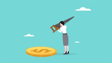 Bütçe planı, mali planlama ve refah para tahsisi için para tahsisi veya yönetim, testereyle altın sikkeleri bölmeye hazırlanan işkadını