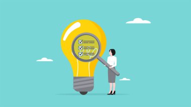iş fikirleri araştırması, iş fikri araştırması başarı, iş fikri hayata geçirilebilirlik kontrolü, büyüteçle iş kadını ampul fikri konsepti illüstrasyonunu analiz ediyor