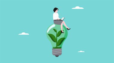 sürdürülebilir iş, çevre dostu enerji veya yenilenebilir enerji kullanan sanayi, ESG, çevresel sosyal ve yönetim, iş kadını yeşil sürdürülebilir ampul üzerinde bilgisayarla çalışıyor,