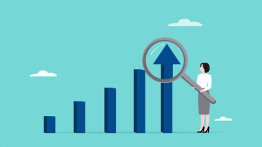 İş kar büyümesi analizi, finansal yönetimle ekonomik büyüme grafiği, iş başarısı veya finansal özgürlük stratejisi, büyütme gözlüklü iş kadını büyüme grafiğini analiz ediyor